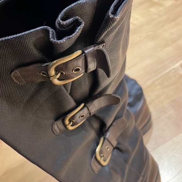 Stuart Weitzman brown leather/textured leather satin lined interior buckle boots - Picture 13 of 16